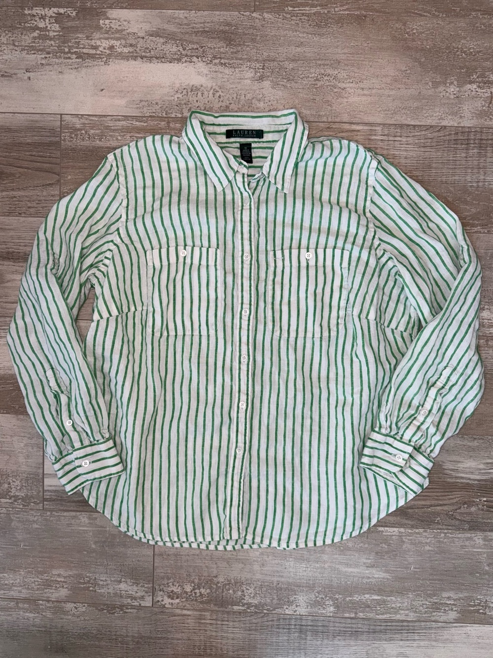 Lauren Ralph Lauren 100% Linen Green White Stripe Button Front Shirt Roll Tab 1X - Picture 2 of 9